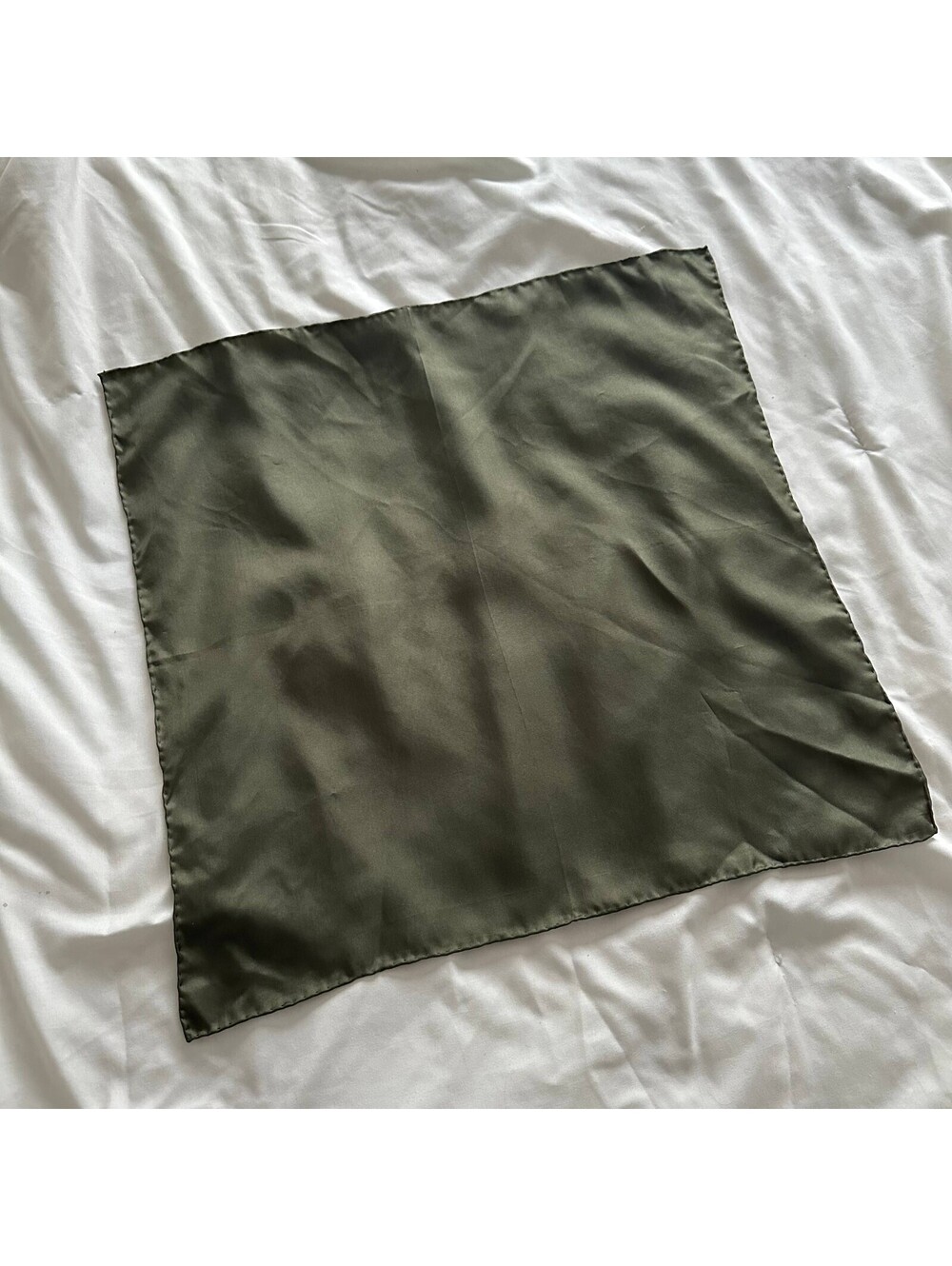 Vintage Olive Green 100% Silk Scarf Hand Finished Edges Square 19"x19"